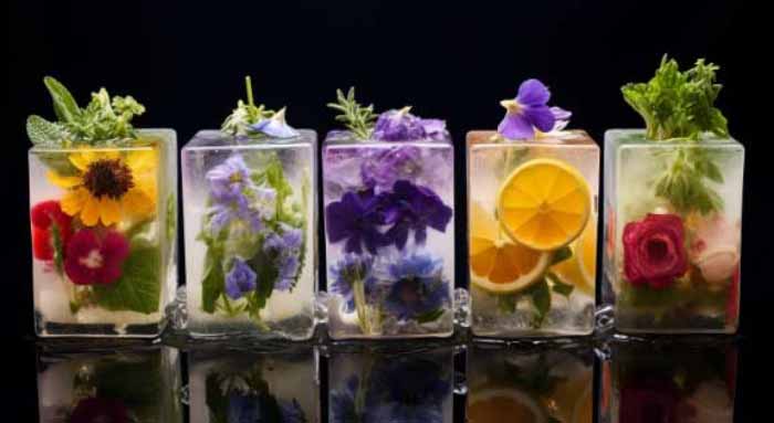 Mouthwatering Food Styling Capture In Time: Your Beverage Game with Edible Flower Infused Ice Cubes. Transform your drinks with a simple yet elegant addition: edible flower infused ice cubes that add a touch of beauty to any beverage.
