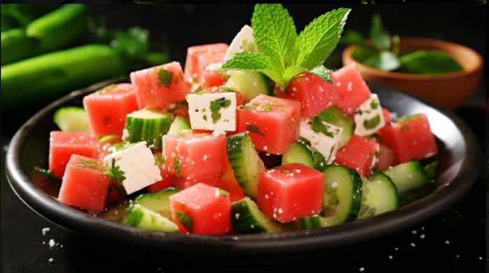 Savory Dish Food Styling Display: Watermelon cucumber salad is a perfect dish for summer. This salad is a refreshing blend of sweet and savory flavors that’s sure to please any palate. To make this salad, you’ll need watermelon, cucumber, feta cheese, and fresh mint.