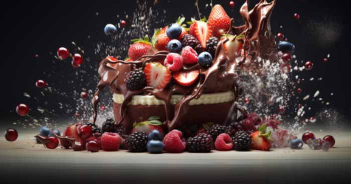 Appetizing Food Styling Photo: Indulge in a delectable blend of strawberries, raspberries, cherries, and blueberries mixed with chocolate. The subtle hint of water in the background makes it very appealing to try these pieces of fruit with chocolate.
